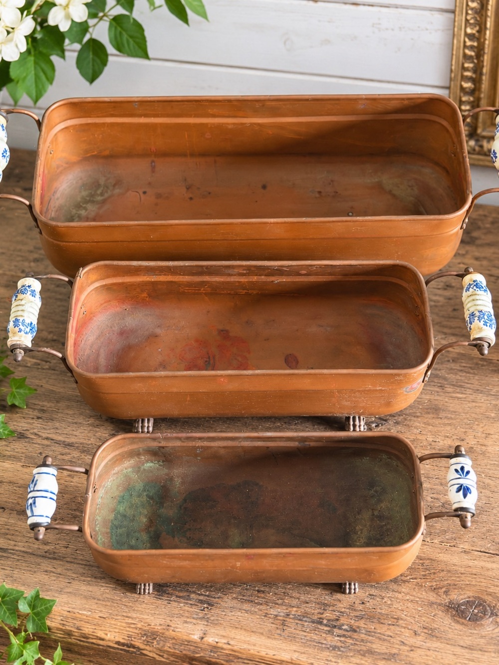 Vintage Copper Jardiniere Planters Set of 3 💙 Porcelain Handles Paw Feet